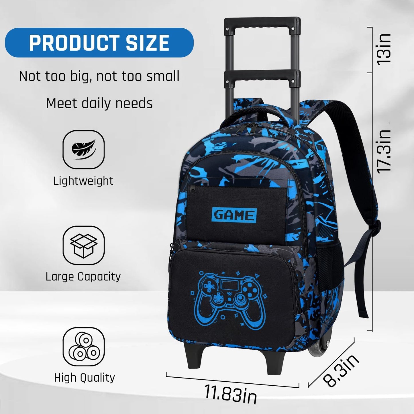 Fitvc Boys Rolling Backpack for Kids - Glow in The Dark Kids Rolling Backpack with Wheels for Elementary Middle School - Gamer Roller School Bookbag Aged 6-18, Wheeled Travel Bag Large Capacity