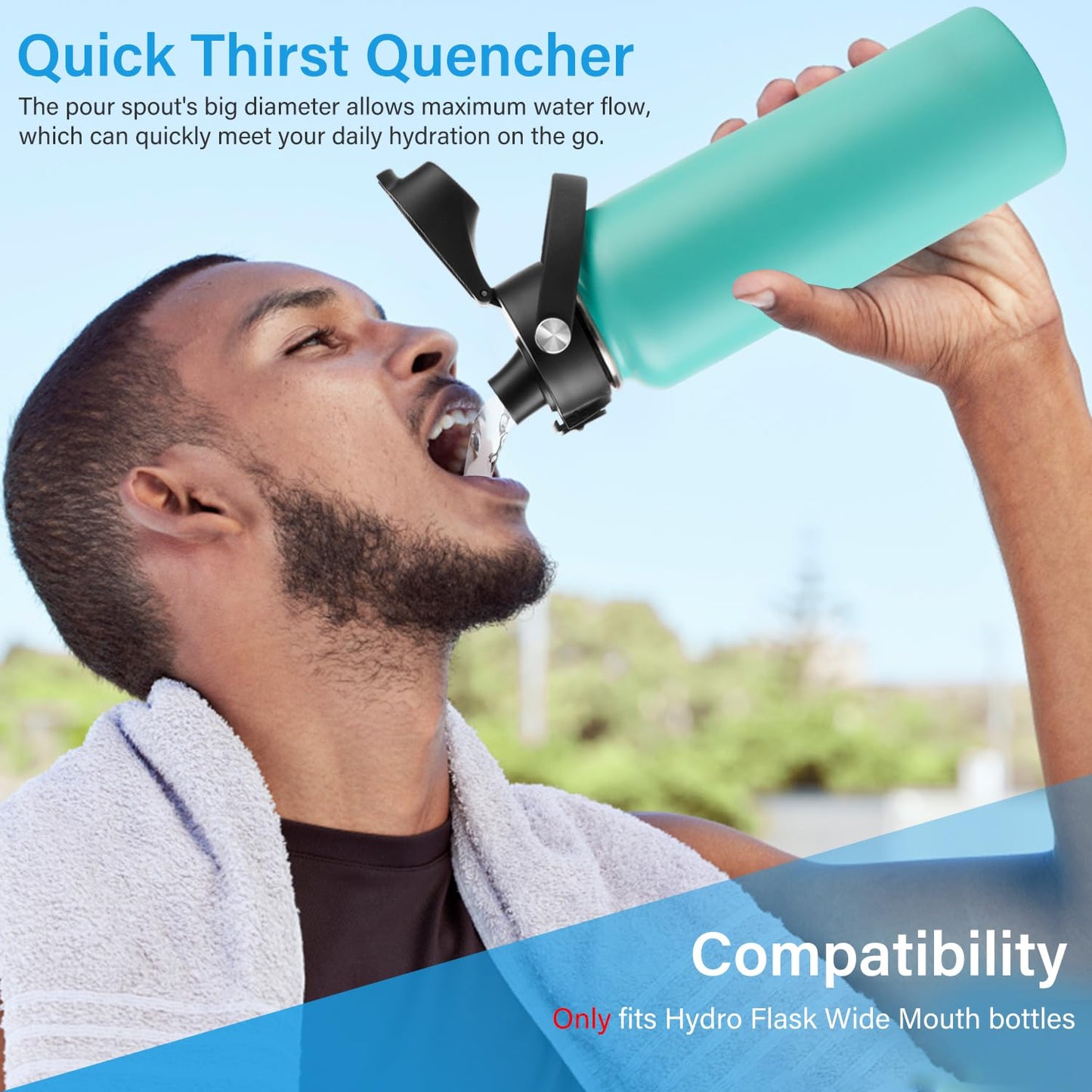 Auto Spout Lid for HydroFlask Wide Mouth Sport Water Bottles, Replacement Lid for Hydro Flask Wide Mouth 12, 16, 18, 32, 40, 64oz, Chug Lid with Flexible Handle, Button Lock, Black