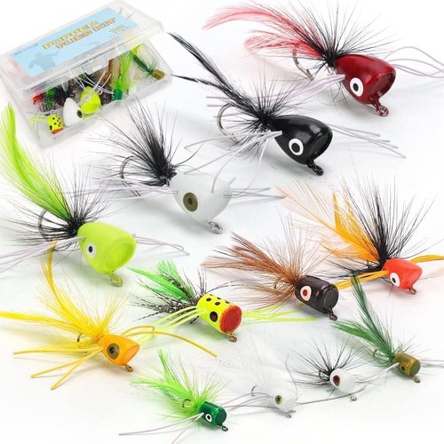 Ansnbo 12 pcs Fly Fishing Popper Flies, Fly Popper Lures Bass Panfish Bluegill Crappie Popping Bug Sunfish Trout Salmon Poppers Flys Kit for Flys Fishing