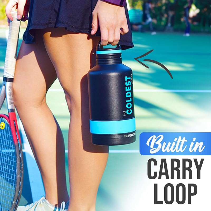 Coldest Insulated Water Bottle with Handle Lid 32oz Matte Black - Leak Proof Triple Wall Stainless