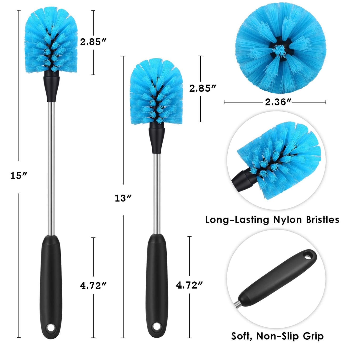 MOSOLAN Stainless Steel Water Bottle Brush, Long Handle Scrubbing Brush, Built for Cleaning Sport Bottles, Baby Bottles, Cups, Coffee Mugs, Glasswares, Wine Decanters, Flask, 2 Pack, 15 in