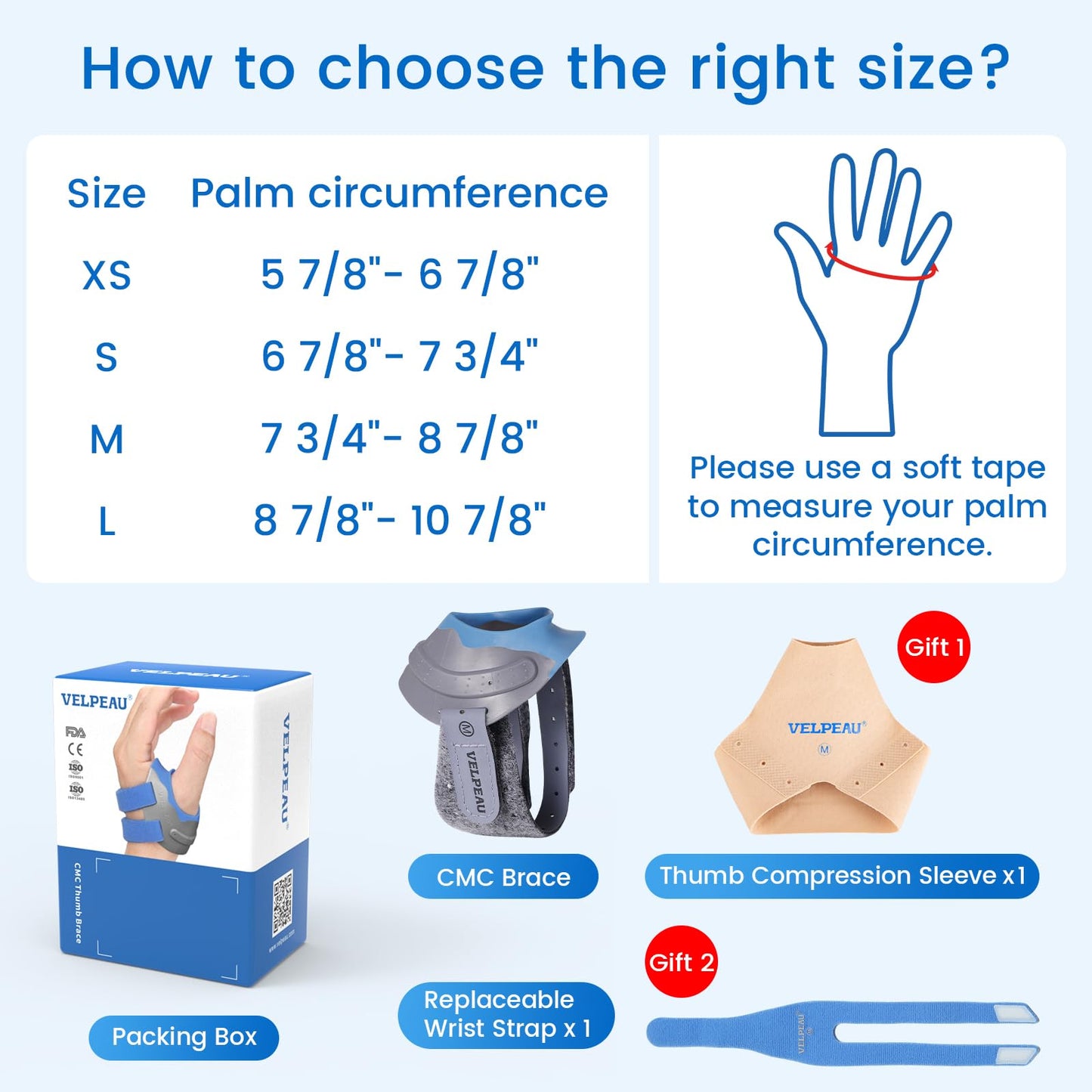 Velpeau CMC Thumb Brace for Osteoarthritis - with Shape-memory Restriction Splint, CMC Joint Stabilizer, Basal Thumb Arthritis Pain Relief and Support for Women and Men (Blue, Right Hand, Medium)