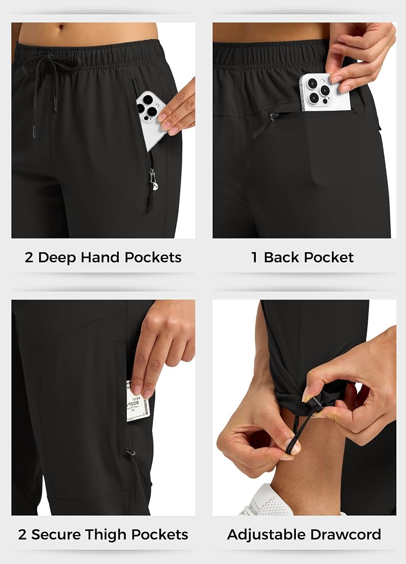 Willit Women’s Hiking Cargo Pants with 5 Zip Pockets Black+Regular 29"+Large