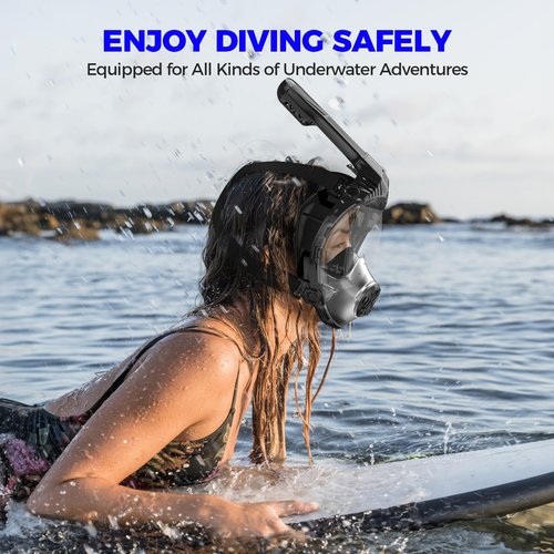 WONDSY Full Face Snorkel Mask for Adults, Snorkeling Gear for Kids, Anti-Fog & Anti-Leak Design with 180° Panoramic View, Dry Top Breathing System, Ideal for Scuba Diving, Snorkeling (Black, L/XL)