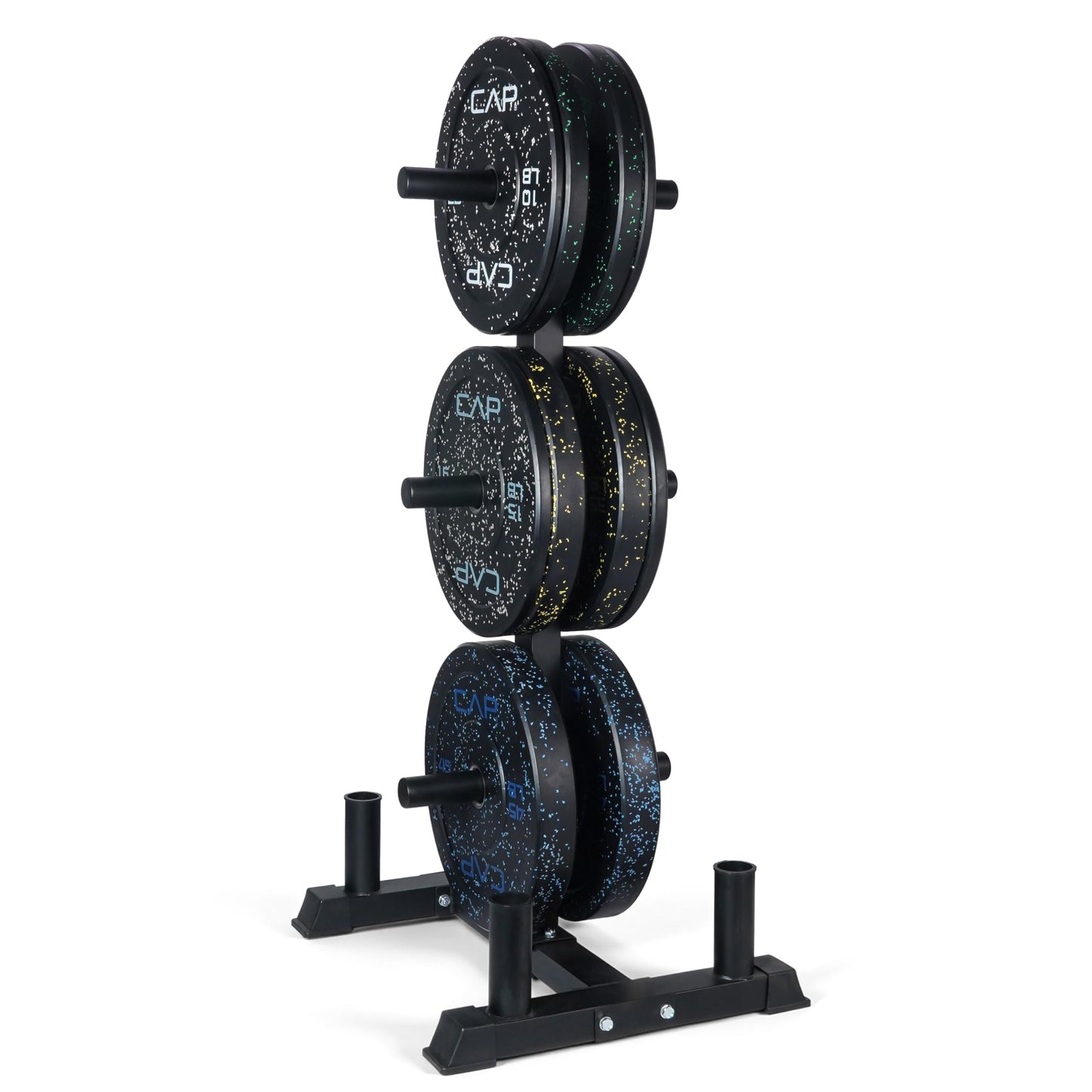CAP 260 lb Economy Speckled Olympic Bumper Plate Set with Storage Rack, 2-Inch Olympic Plates, Medium Bounce Rubber Weight Plates with Steel Hub, 6 Weight Posts & 4 Barbell Holders for Weightlifting, Strength Training & Home Gym Workouts