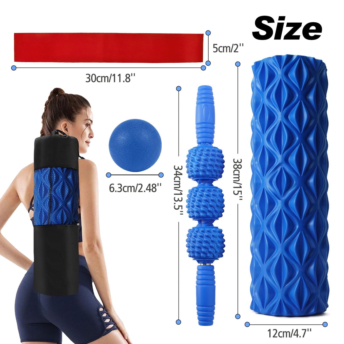 JOYENERGY 5 in 1 Foam Roller Set Trigger Point Foam Roller, Massage Roller Stick, Massage Ball, Stretching Strap for Deep Muscle Massage Pilates Yoga, Fitness Exercise for Whole Body (Blue Diamond)