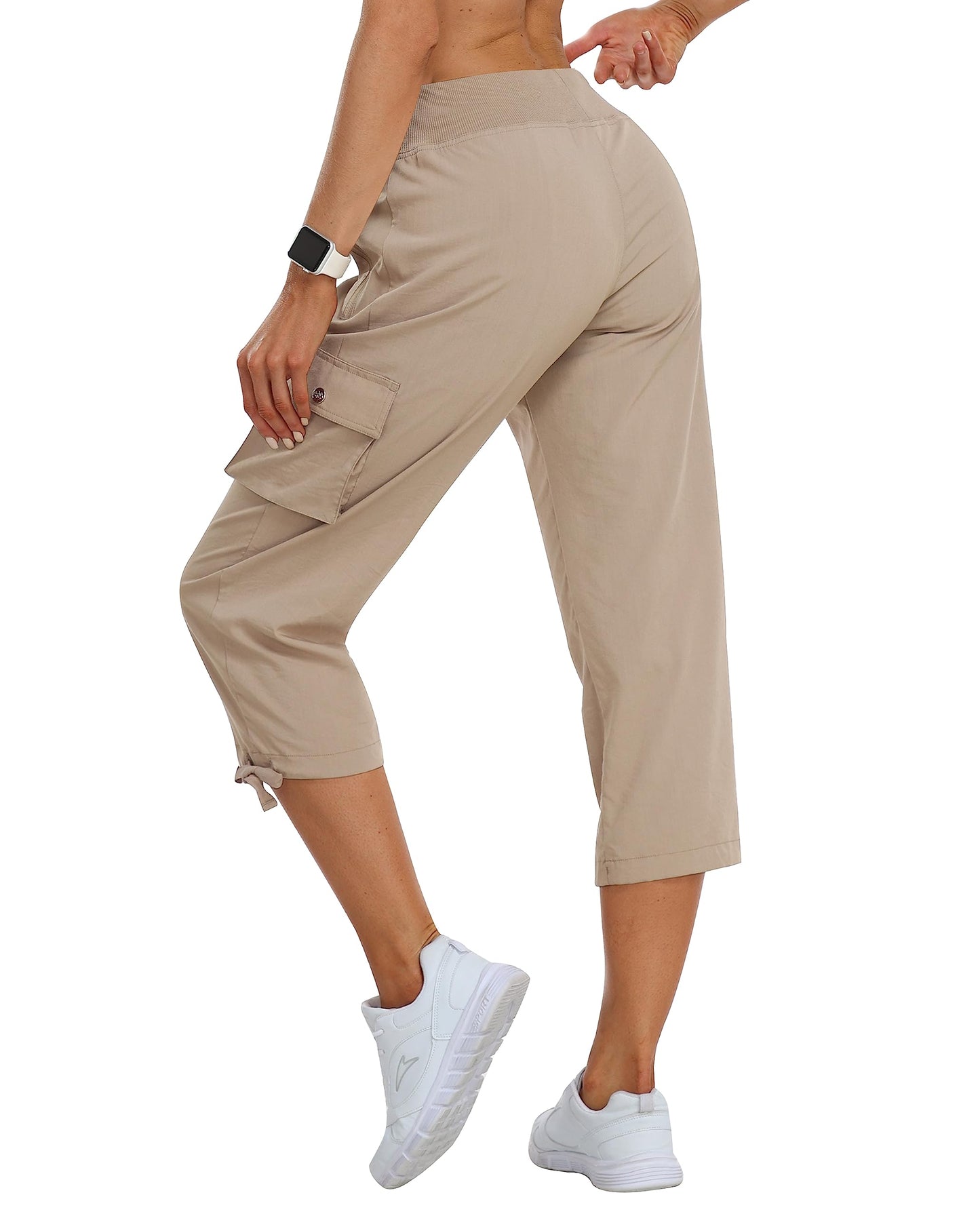 MoFiz Women's Hiking Capris Pants Lightweight Quick Dry Running Athletic Casual Outdoor Cargo Pants for Women Zipper Pockets Khaki XS