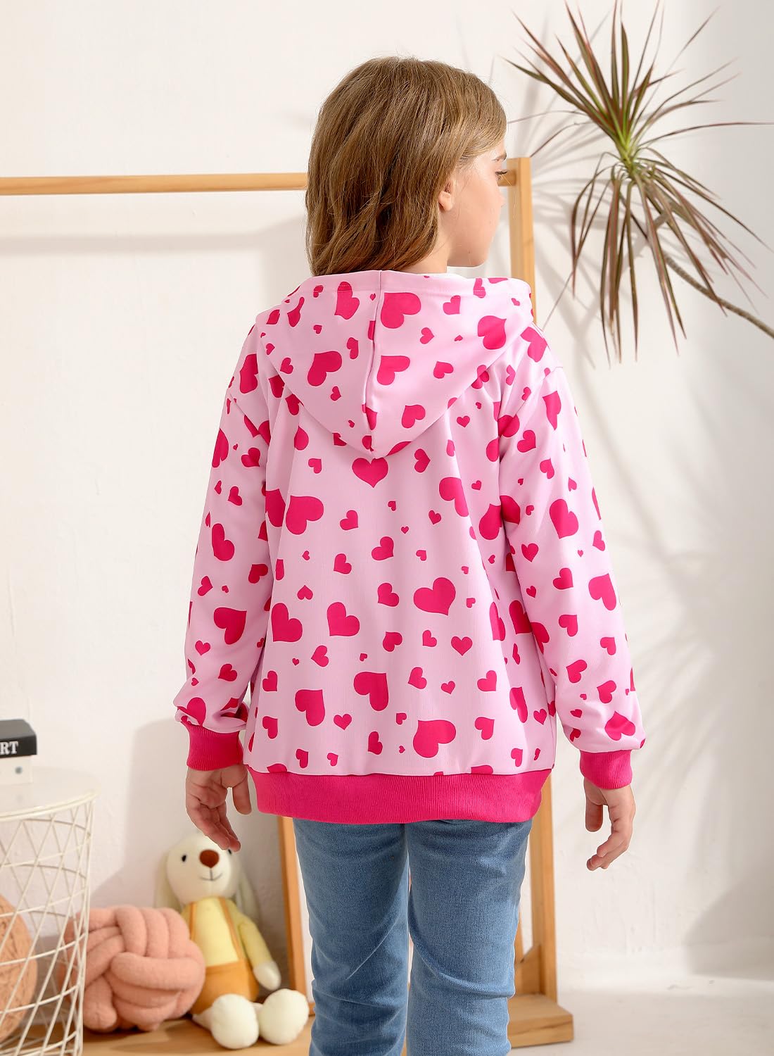 Belovance Girls Graphic Zip Up Hoodie Sweatshirt with Pockets Kids Tween Hooded Coat Casual Loose Outerwear Autumn Long Sleeves Oversized Novelty Lightweight Jacket Top Cute Pink Hearts 8-10 Years