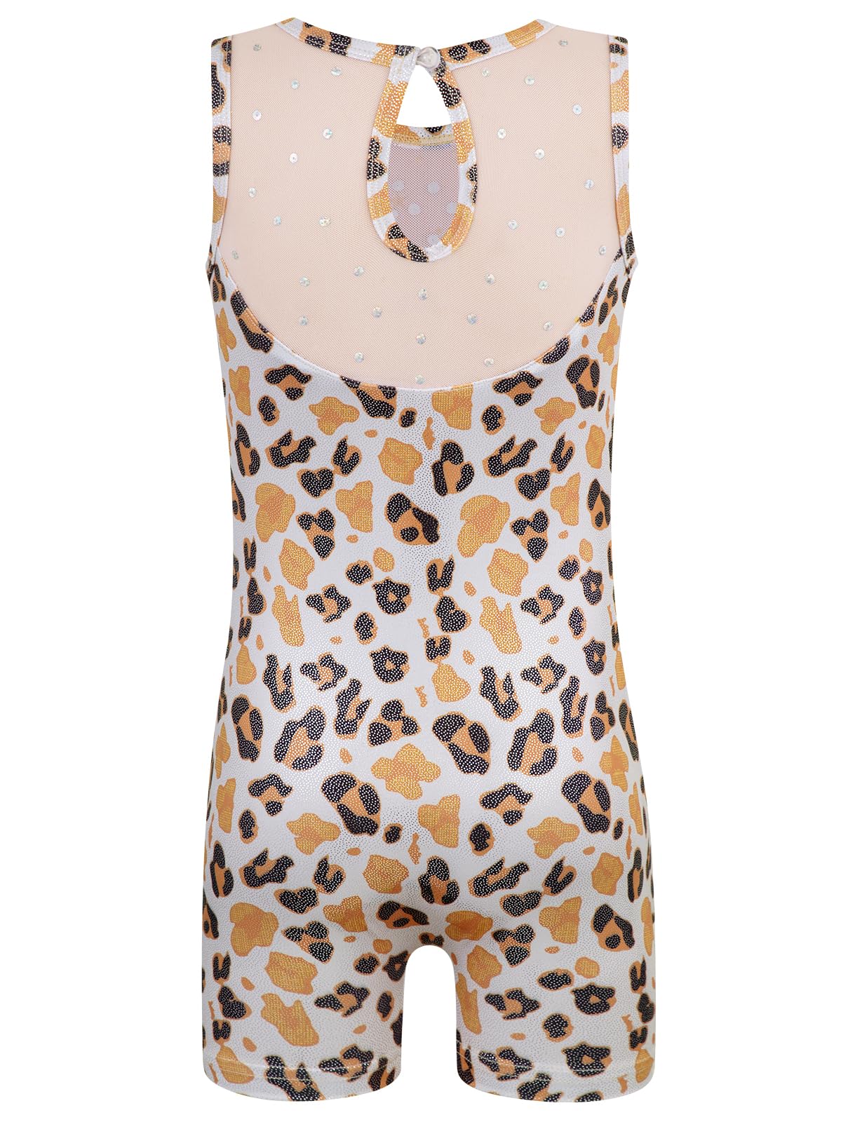 HOZIY Leotards for Girls Gymnastics Mesh Neckline with Iridescent Rhinestones Back Cut Out Sleeveless Size 6-7 Years Leopard Biketard Shorts Tumbling Outfits Kids Sparkly Shiny