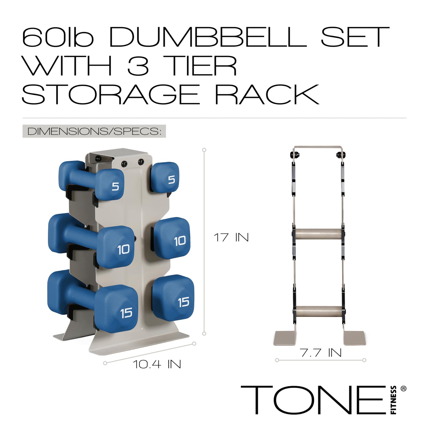 Tone Fitness 60 LB Neoprene Dumbbell Set with Storage Rack – Non-Slip, Anti-Roll Hand Weights for Home Gym Workouts | Light Gray Rack and Blue Dumbbells