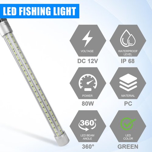 Underwater Fishing Light 80W 12V 40000 Lumens Super Bright LED Submersible Green Fish Finder Lamp Night Fishing Light Attractants for Boat Dock Kayaks,Snook Crappie Squid Shrimp (80W,16.4ft Cord)
