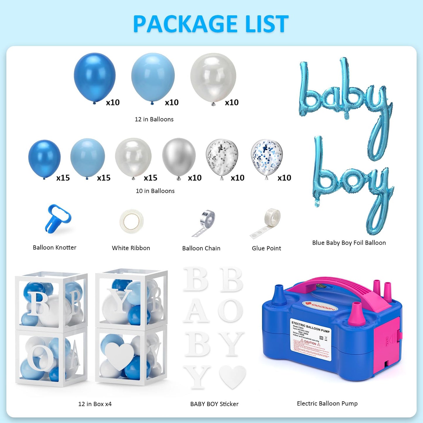 IDAODAN Blue Baby Shower Decorations for Boy with Electric Balloon Pump, Baby Boy Shower Decorations Baby Boy Decorations for Baby Shower and Balloon Pump
