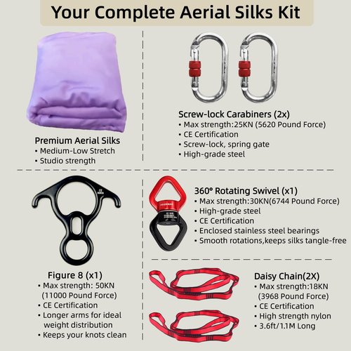 PRIORMAN Aerial Silk Set, Premium 9 Yards/8.2m Pro 40 Denier Nylon Medium Stretch Fabric Silks, Heavy-Duty Fitness Hammock Perfect for AntiGravity Hammock Yoga Training & Dance Circus Performances Includes Hardwares & Daisy Chains