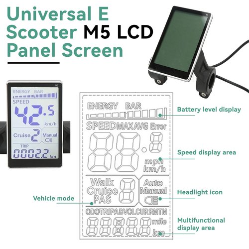 Electric Bicycle LCD Display, 24V 36V 48V 60V Universal E Scooter M5 E Bike Display Meter Control Panel Waterproof 5 Pin Electric Scooter Panel Screen for 31.8 22.2mm Electric Bikes