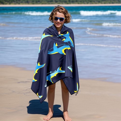 MelonBoat Large Microfiber Beach Towel: Bright Cyan Blue Shark Beach Towel for Travel, Super Absorbent Quick Dry Sand Free, Lightweight Compact for Kids Trip Vacation Bath Camping Pool Swim, 1 Pcs