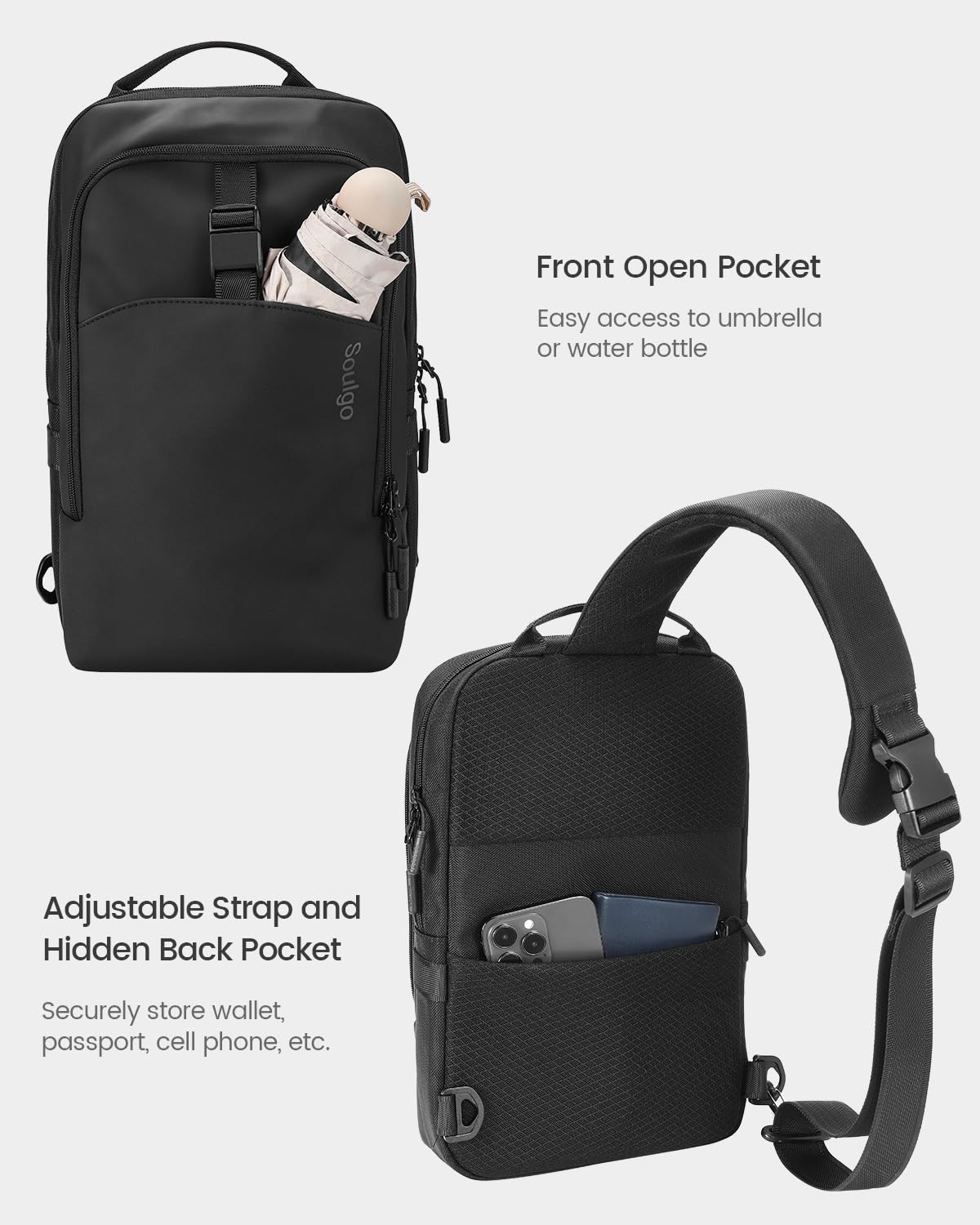 Soulgo EDC Sling Bag for Men & Women, 5.5L Water-resistant Crossbody Backpack Chest Shoulder Bag Compatible with 11 inch iPad Pro/Air, Lightweight Daypack for Daily Use-Black