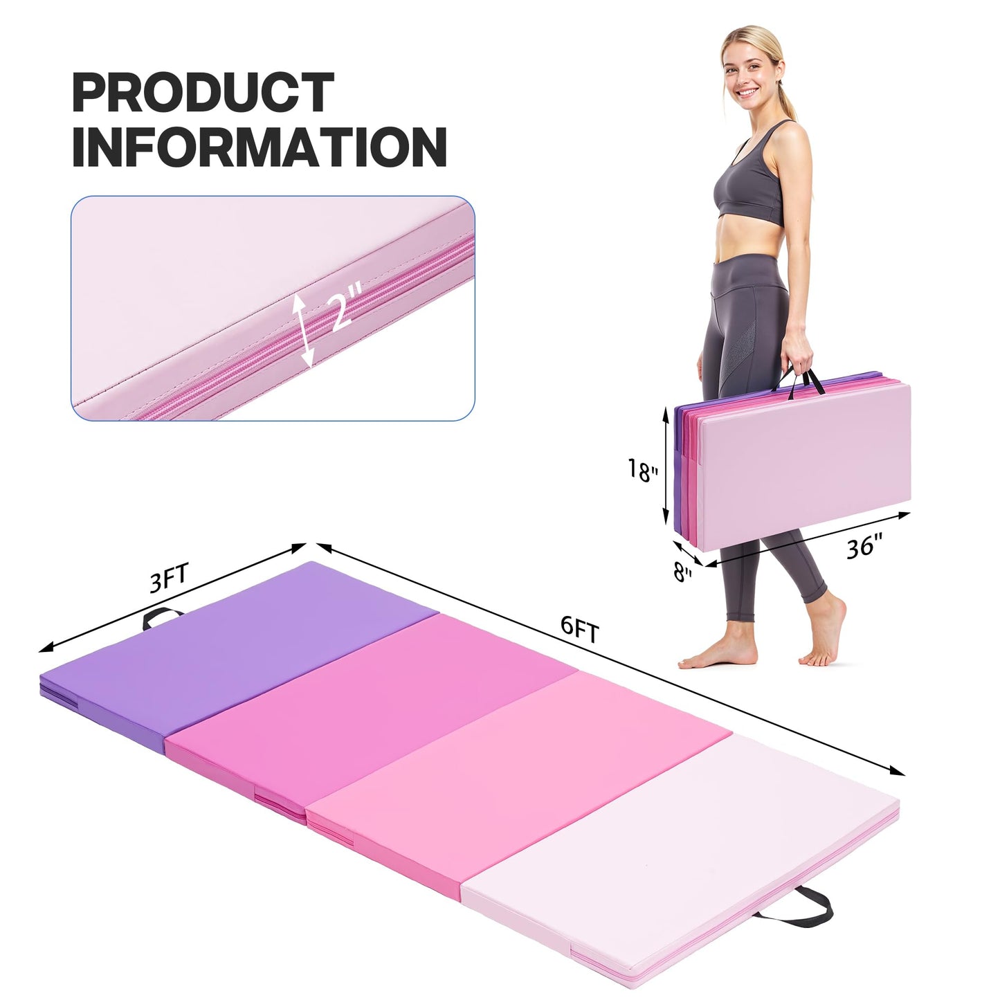 Outdoor Basic 6'x3'x2" Gymnastics Tumbling Mats Folding Panel Thick Gym Exercise Mat for Home (Colorful)