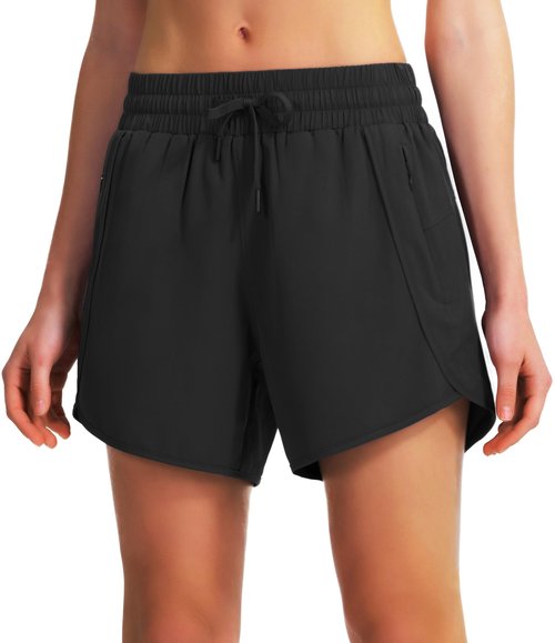 Ksmien Women's 5" Athletic Running Shorts Quick Dry Lightweight Workout Gym Shorts with Zipper Pockets UPF 50+ Black