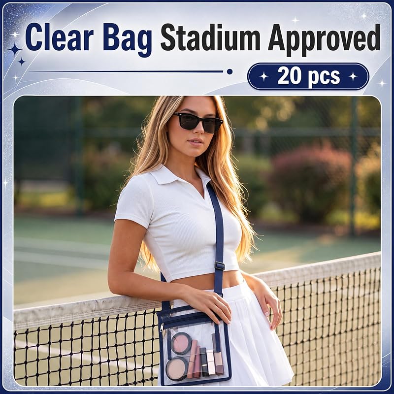 Dark Blue 20-Pack Clear Stadium Crossbody Bags with Nylon Strap