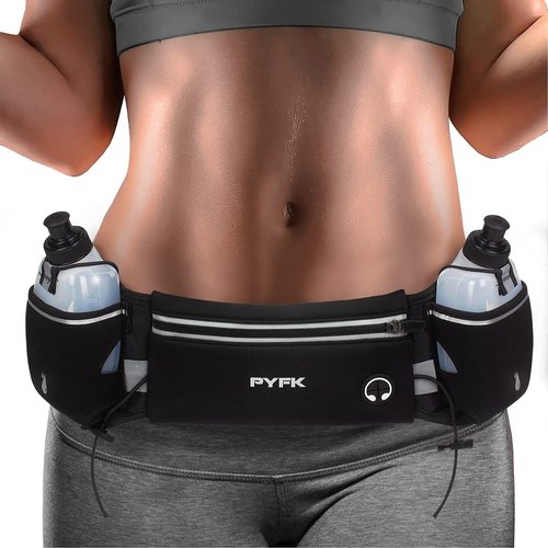 PYFK Upgraded Running Belt with Water Bottles, Hydration for Men and Women, Bottle Holder Pouch Belt, Fanny Pack Fits 7 inches Phones, Waist pack Runner Jogging (Black)