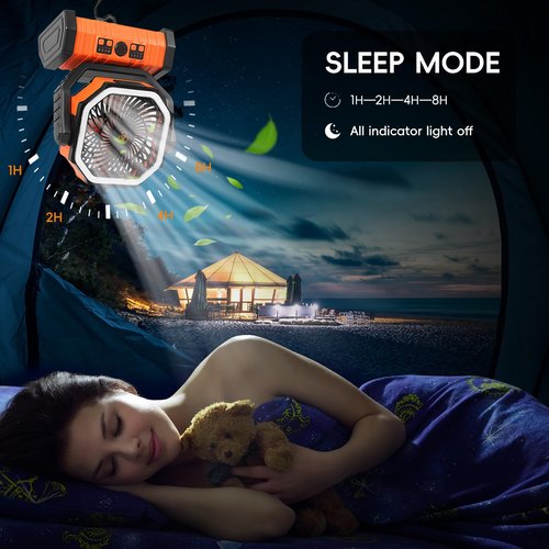 OUTTPLY 20000mAh Camping Fan - Rechargeable Battery Powered Portable Fan with LED Lantern, Remote Control, Oscillating, 360° Rotation Hanging Hook for Outdoor Travel, Camp, Tent