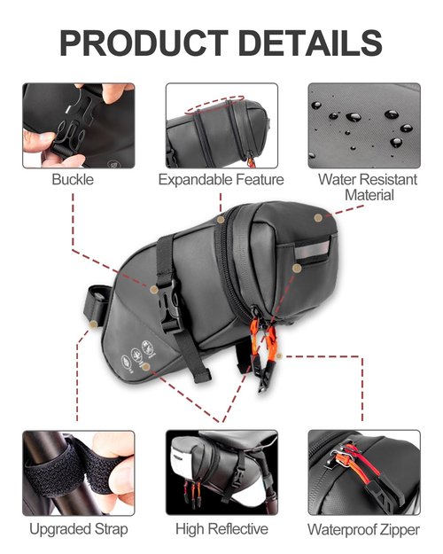 Danuosie Bike Seat Bag, Expandable Bicycle Saddle Bag Under Seat, Waterproof Cycling Seat Pack for Mountain Road Bikes and Commuter, 1.5-2L