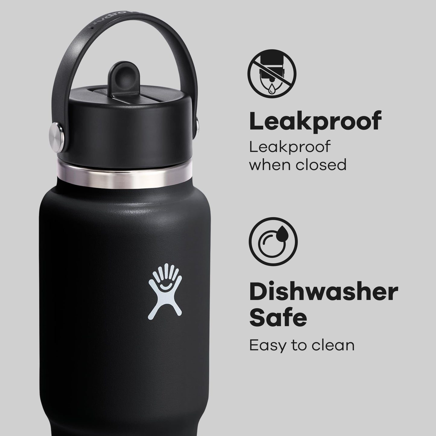 Hydro Flask Travel Water Bottle - Insulated Stainless Steel - Wide Straw Lid, Non Spill, Leakproof in 32 Oz Black