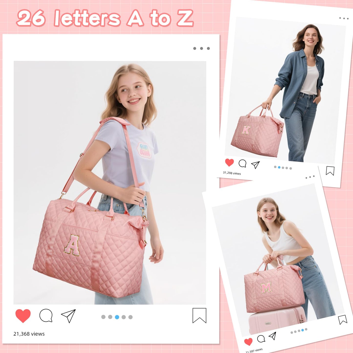 Gifts for Teen Girl, Initial Travel Duffle Bag, Personalized Women Weekender Overnight Bags, Gift for Daughter Kid Mom Friend College Girl Graduation Teacher（Pink,L)