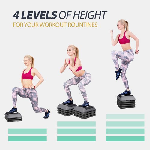 F2C Aerobic Step Exercise Platform Stepper with 4 Risers 16" x 16", Adjustable Height 4"-6''-8''-10''-12" Home Gym Workout Equipment, Fitness Exercise Equipment, Workout Stair Stepper (Black)