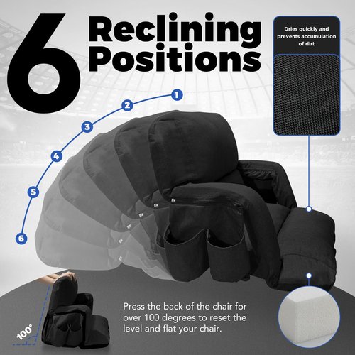 yeyeeyyee Wide Stadium Seats with Back Support, Exclusive Sofa Style Design Extra Thick Bleacher Chairs with Back and Cushion, 6 Reclining Positions - Ultimate Comfort for Sports Events (Black, 25")