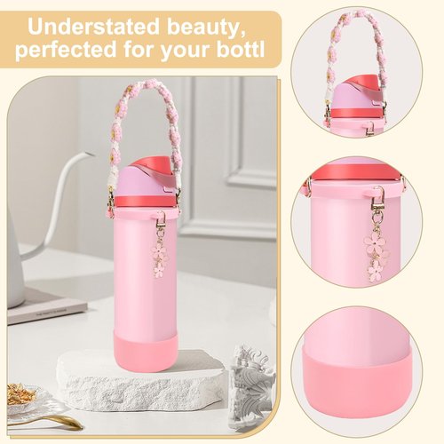 Comprehensive Compatible Owala Accessories Set: Silicone Boot for 24oz & 32oz Bottles, Water Bottle Handle Strap, Bottle Seal Ring, Replacement Stopper, Charms, Compatible Owala FreeSip (Pink, 24 oz)