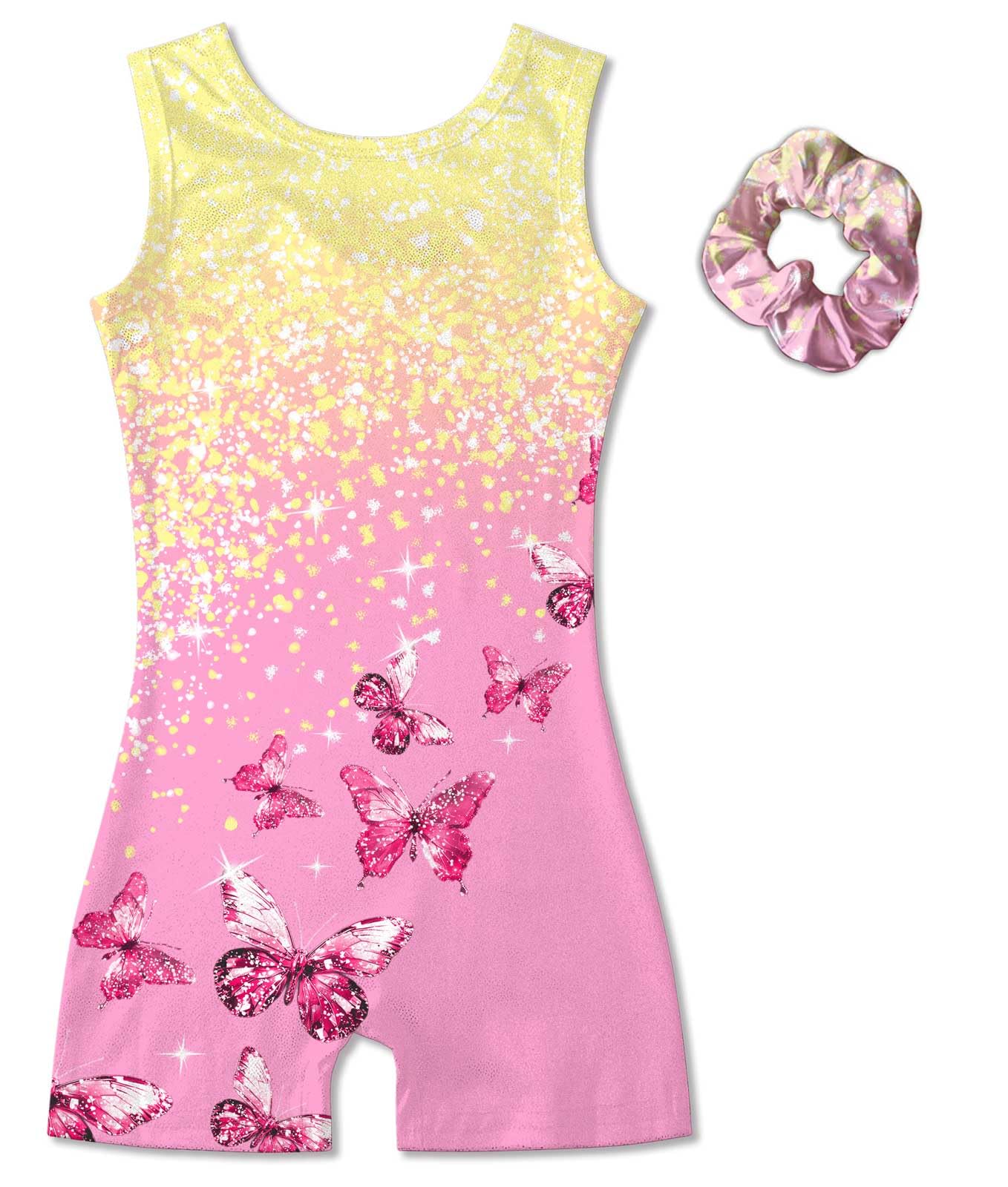 Vogseek 4-5T Girls Gymnastics Leotards with Hair Scrunchie Sparkle Dance Unitards Pink Butterfly's Active Biketards with Shorts for Kid Cute Tumbling Dance Outfit, Pink