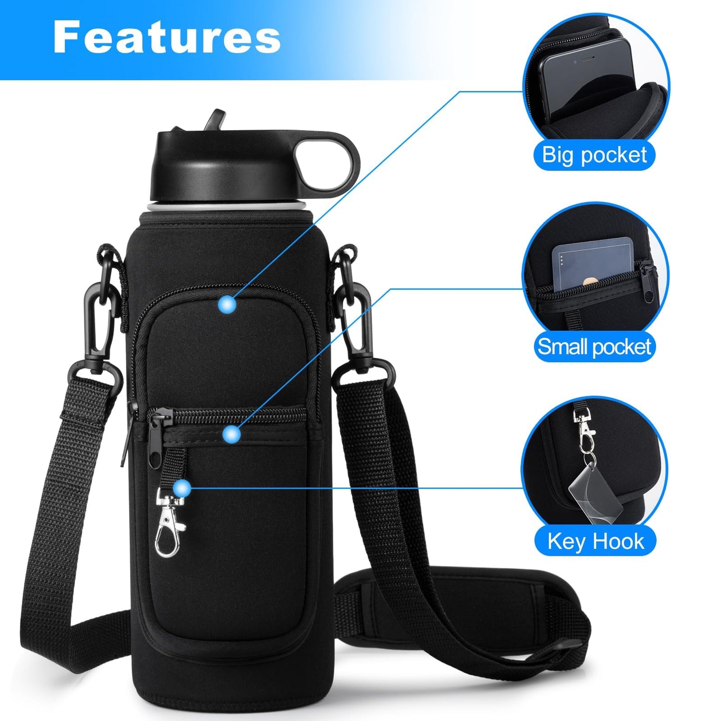 RRegeny Water Bottle Holder with Strap for Hydroflask 32oz 40oz, Carrier Sling Bag with Phone Pocket Water Bottle Sleeve for Men Women Hiking Camping Travelling