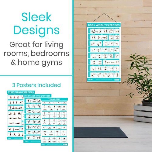 Vive Yoga Poses + Stretching Exercises + Resistance Band Workouts Poster for Home Gym (3 Pack) - 149 Illustrations for Flexibility, Strength, Core, Exercising, Pilates Mat - Work Chart Set, Laminated 30" x 17"