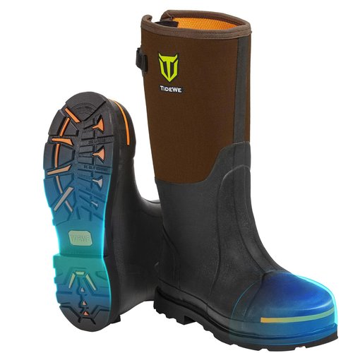 TIDEWE Rubber Work Boot for Men with Steel Toe & Shank, Waterproof Anti Slip Hunting Boot, 6mm Neoprene Hunting Boot for Manufacturing, Construction, Farming, Brown, Size 11