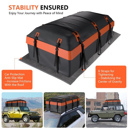 Carforu Car Rooftop Cargo Carrier Bag, 30 Cubic Feet Car Roof Cargo Carrier Bag Waterproof for All Vehicle with/Without Rack, Include Anti-Slip Mat, 2 Reinforced Straps, 6 Door Hooks and Luggage Lock