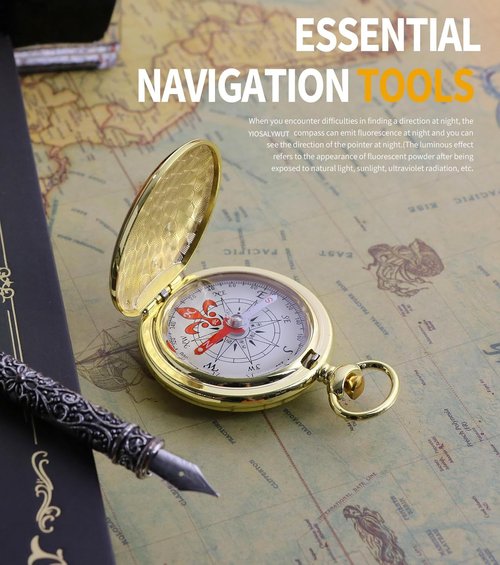 YIOSALYWUT Golden Antique Brass Compass Keychain - Waterproof Pocket Compass for Kids, Perfect Survival Tool & Gift for Boy Scouts with Vintage Golden Compass Design
