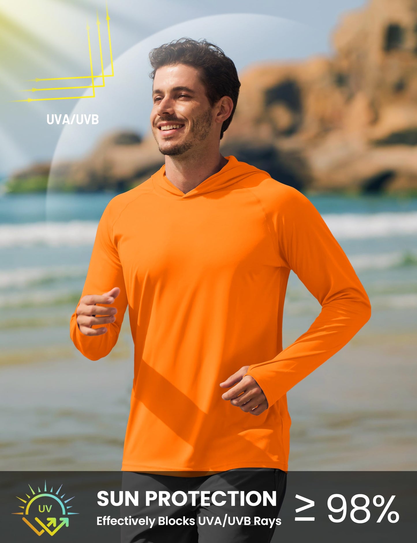 TACVASEN Long Sleeve Shirts for Men Lightweight Hoodie Men Dry Fit Active Hooded Shirts Sun Protection Hoodies SPF Tee Orange L