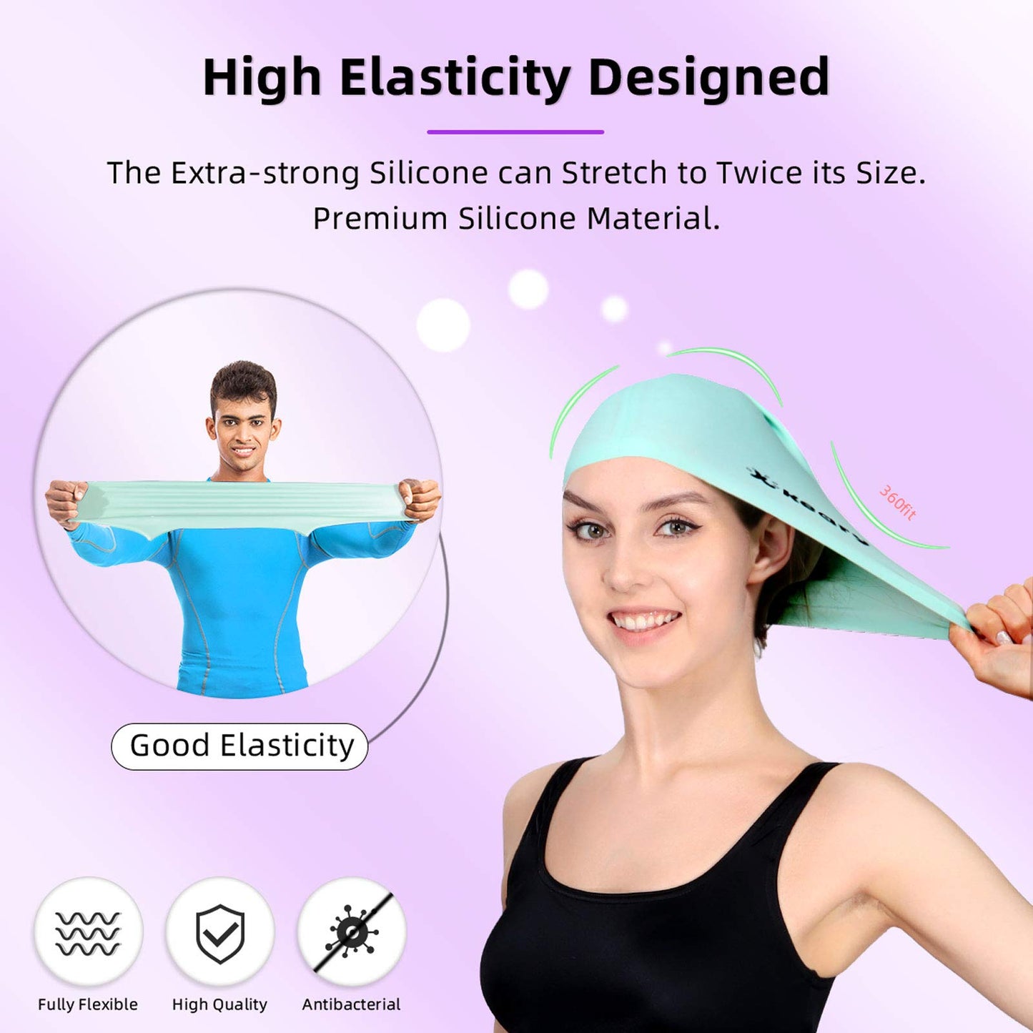Keary 2 Pack Silicone Swim Cap for Long Hair Women Girls Waterproof Pool Swimming Cap Cover Ears to Keep Your Hair Dry, 3D Ergonomic Stretchable Durable and Anti-Slip, Easy to Put On and Off