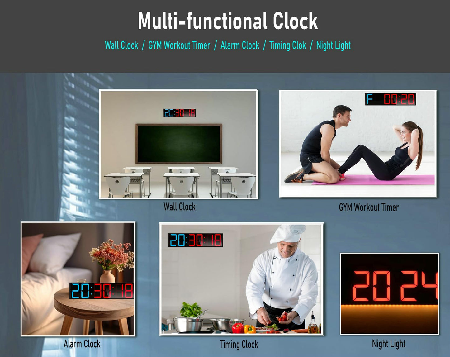 Boyiit 26'' Extra Large Home GYM Timer Clock, Programable Workout Interval Timer, Digital Wall Clock, with 7-color Night Light, 8 Alarm Clocks, Calendar/Temperature, Countdown & Stopwatch (Blue & Red)