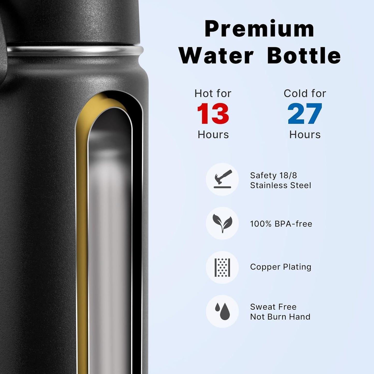 koodee Insulated Water Bottle, 18 oz Stainless Steel Vacuum Wide Mouth Sports Water Bottle with Leak Proof Straw Lid (Black)