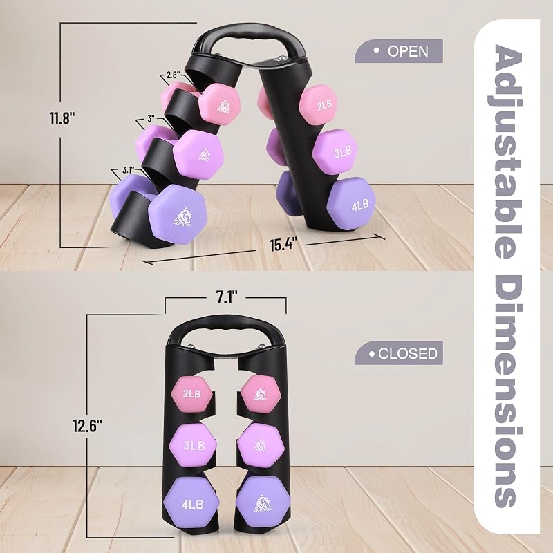 Lilac Fantasy 18lb Set of 6 Neoprene Coated Dumbbells with Rack - Anti-Slip Hex Weights
