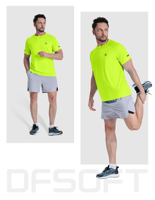 DFSOFT Men's Short Sleeve Workout Shirts Quick Dry Lightweight T-Shirts Gym Running Athletic Tshirt for Summer Fluorescent Green L