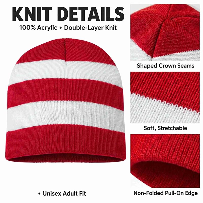 Unisex Striped Knit Beanie Hat - Red/White, One Size (Variation of THIS listing)
