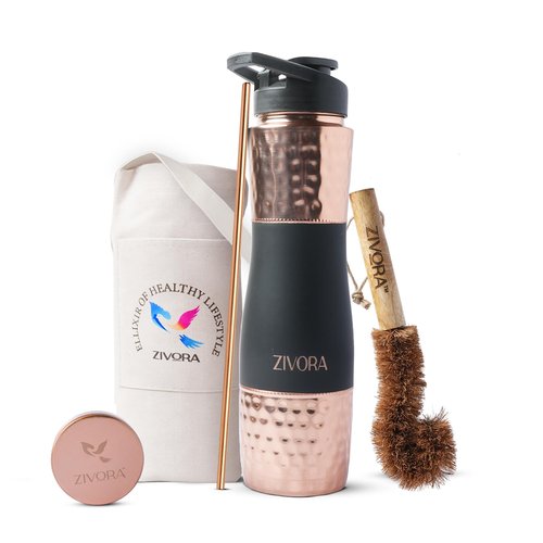 ZIVORA 100% Pure Copper Water Bottle - 34oz water bottle for Drinking with Sipper & Traditional Cap, Copper Straw, Canvas Bag & Cleaning Brush/Modern Lifestyle with Ayurvedic Benefits.