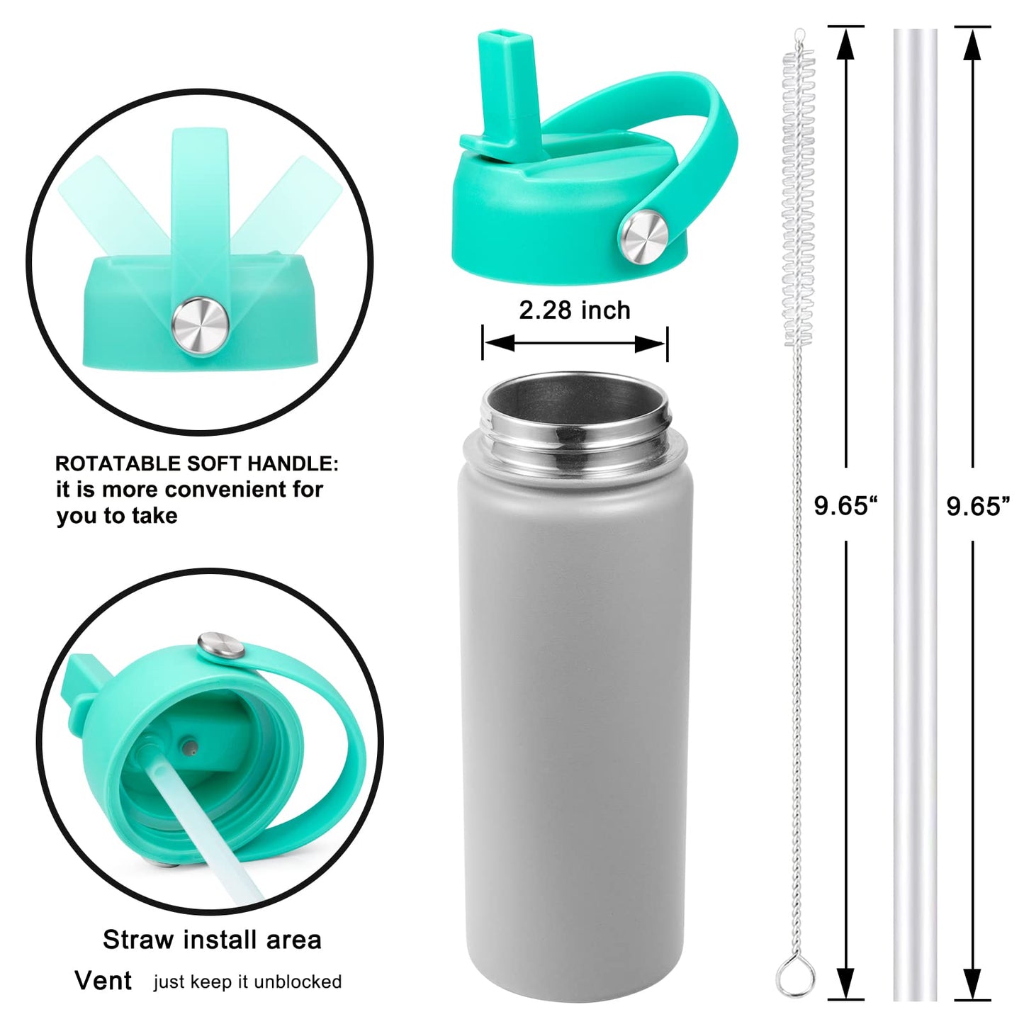 Straw Lid for Hydro Flask Wide Mouth Water Bottles, Top Lids with Straw Compatible with Hydro Flask 32 40 oz, Replacement Cap Wide Mouth Straws Flip Lid Flex Handle (Mint)