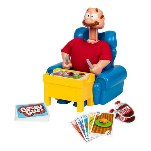 Gassy Gus, The interactive gut-busting game that's a hoot when you toot! Feed Gus gassy foods, but watch out for the big blast of gas! Packed with hilarious sounds, it's Ideal for 2-4 players ages 4+