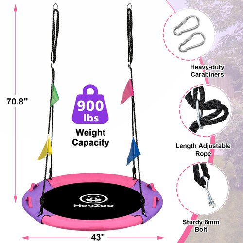 HeyZoo Tree Swing, 43 Inch Saucer Swing Sets for Kids, Come with 360 Degree Swivel and Adjustable Hanging Strap, Pink and Purple