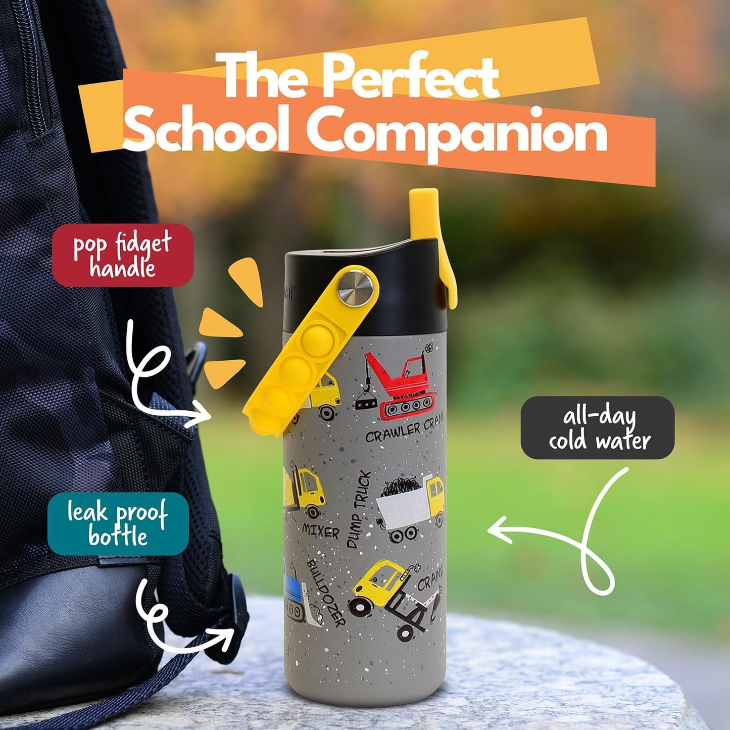 Elemental Insulated Kids Water Bottle, Stainless Steel Water Bottle with Straw Lid & Pop-It Handle, Leak-Proof Water Bottles for School, Boys or Girls, Travelling and Sports, 18oz - Construction