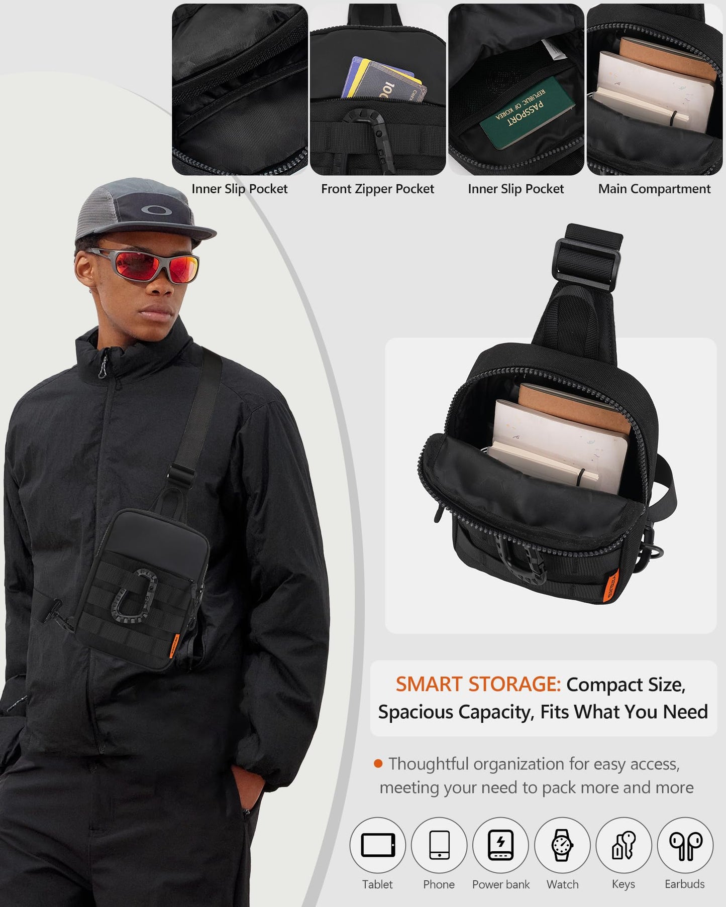 Peicees Small Anti Theft Sling Bag for Men, Tactical Inspired Waterproof EDC Mini Crossbody Chest Bag for Travel Work Sport